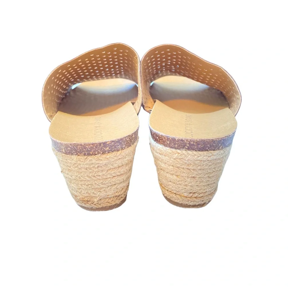 Lucky Brand Brown Leather Slide Sandals 9.5 Perforated Espadrille Wedge Mule